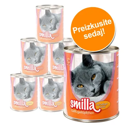 Več pločevink hrane za mačke Smilla Geflügeltöpfchen z različnimi okusi. Oranžen krog z besedilom: Preizkusite sedaj!