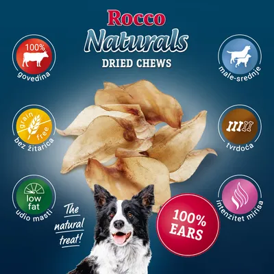 Rocco Naturals Dried Chews, 100% govedina, bez žitarica, udio masti low fat, tvrdoća, intenzitet mirisa, za male-srednje pse, 100% ears. Tekst na engleskom i hrvatskom.