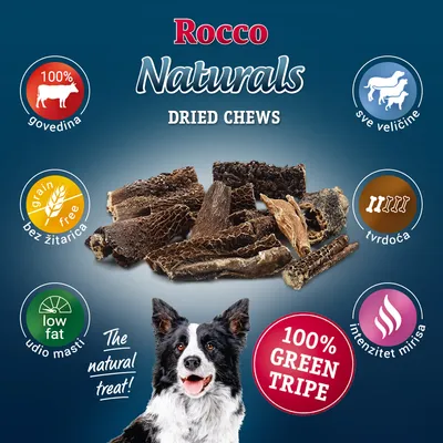 Rocco Naturals Dried Chews, 100 % govedina, bez žitarica, udio masti low fat, tvrdoća, intenzitet mirisa, za sve veličine pasa, 100 % green tripe. Prikaz sušenih komada i psa.