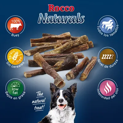 Rocco Naturals, palitos de buey 100 %, sin cereales, bajos en grasa. Indicadores: todos los tamaños, nivel de dureza, intensidad del olor. Texto en inglés: The natural treat!