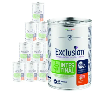 Scatoletta Exclusion Monoprotein Veterinary Diet Formula Intestinal, visibile testo: All Breeds Adult, Mono Protein, Pork & Rice. Confezione multipla di lattine.