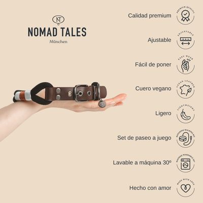 Collar Nomad Tales München de cuero vegano marrón sobre una mano, con texto: calidad premium, ajustable, fácil de poner, ligero, set de paseo a juego, lavable a máquina 30º, hecho con amor.