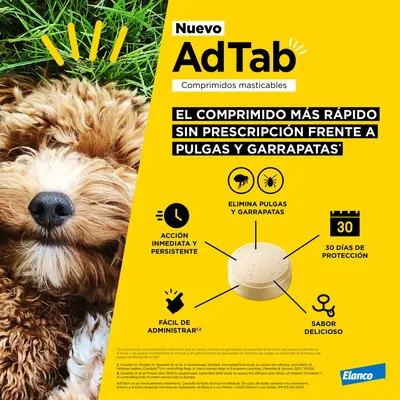Nuevo AdTab comprimidos masticables. El comprimido más rápido sin prescripción frente a pulgas y garrapatas. Acción inmediata, elimina pulgas y garrapatas, 30 días de protección, fácil de administrar, sabor delicioso. Elanco.