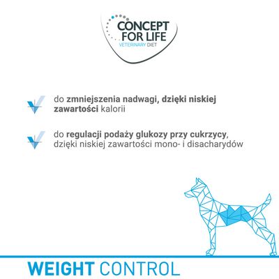 Concept for Life Veterinary Diet. Do zmniejszenia nadwagi dzięki niskiej zawartości kalorii, do regulacji podaży glukozy przy cukrzycy. Weight Control.