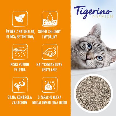 Tigerino Premium. Żwirek z naturalną glinką bentonitową, super chłonny i wydajny, niski poziom pylenia, natychmiastowe zbrylanie, silna kontrola zapachów, zapach mleka migdałowego i miodu.