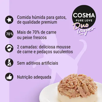 COSMA Pure Love Duo Layer. Comida húmida para gatos, mais de 70% carne ou peixe frescos, 2 camadas mousse e pedaços, sem aditivos artificiais, nutrição adequada.