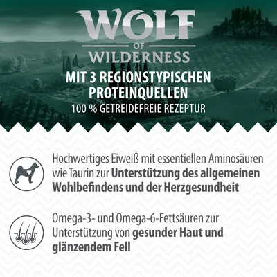 Wolf of Wilderness. Mit 3 regionstypischen Proteinquellen. 100 % getreidefreie Rezeptur. Hochwertiges Eiweiß, essentielle Aminosäuren, Omega-3 et Omega-6 pour peau saine et pelage brillant.