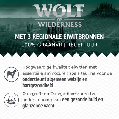 Wolf of Wilderness, met 3 regionale eiwitbronnen, 100% graanvrij receptuur. Ondersteunt algemeen welzijn en hartgezondheid, gezonde huid en glanzende vacht.
