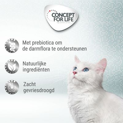 Concept for Life. Met prebiotica om de darmflora te ondersteunen, natuurlijke ingrediënten, zacht gevriesdroogd. Witte kat met blauwe ogen zichtbaar.