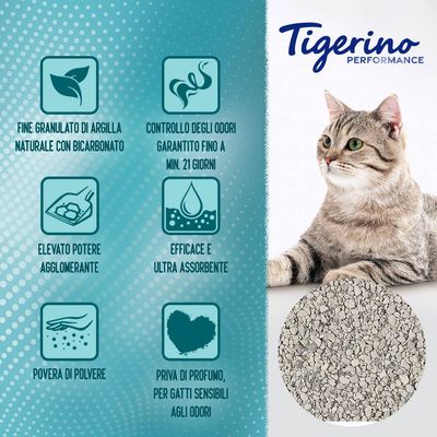 Tigerino Performance Odour Control lettiera per gatti, lettiera agglomerante in argilla naturale, 12 kg. Controllo degli odori garantito per 21 giorni con bicarbonato, ultra assorbente, altamente agglomerante, poca polvere.