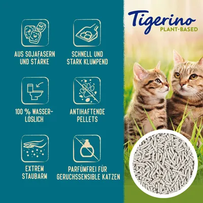 Tigerino Plant-Based Katzenstreu: aus Sojafasern und Stärke, schnell klumpend, 100% wasserlöslich, antihaftende Pellets, extrem staubarm, parfümfrei für geruchssensible Katzen.