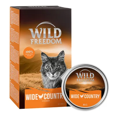 Wild Freedom Wide Country Chicken, 6x85g. 100% grain-free recipe. Packaging with landscape design and cat image.