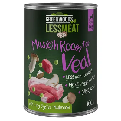 Greenwoods Less Meat Mus(c)h Room for Veal, hundefoder med mindre kødindhold, mere planteprotein og østershatte. Dåse 400g.