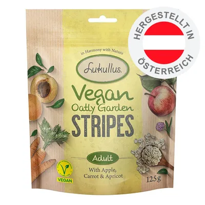 Lukullus Vegan Oatly Garden Stripes Adult, mit Apfel, Karotte und Aprikose, 125g. Vegan-Siegel. Hergestellt in Österreich.