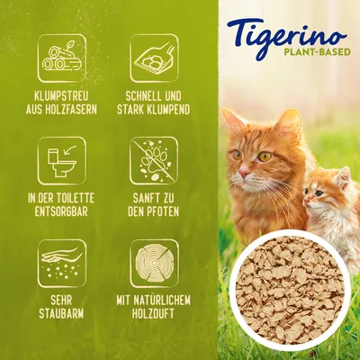 Tigerino Plant-Based, texte en allemand : litière agglomérante à base de fibres de bois, jetable dans les toilettes, douce pour les pattes, peu poussiéreuse, parfum naturel de bois.