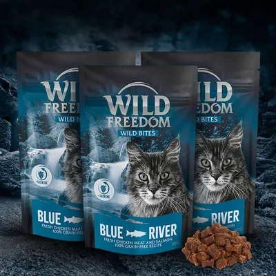 Wild Freedom Wild Bites Blue River, carne proaspătă de pui și somon, rețetă 100% fără cereale, cu taurină, pungă de 80g.