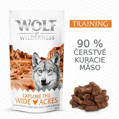 Wolf of Wilderness Explore the Wide Acres, Training, 90 % čerstvé kuracie mäso, balenie 100 g, kúsky sušeného mäsa zobrazené vedľa obalu. Text v angličtine na obale. Wolf of Wilderness Explore the Wide Acres, Training, 90 % čerstvé kuracie mäso, balenie 100 g, kúsky sušeného mäsa zobrazené vedľa obalu. Text v angličtine na obale.