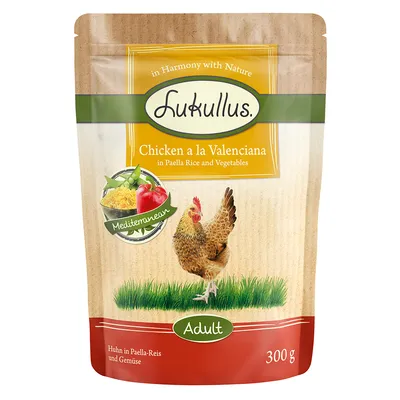 Lukullus Chicken a la Valenciana, pui cu orez pentru paella și legume, mediteranean, adult, 300 g.