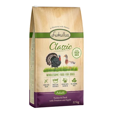 Lukullus Classic Adult krmivo pro psy, krůta a kachna s bramborami a jablkem, bez obilovin, s lososovým olejem, ovocem a zeleninou, balení 12 kg.
