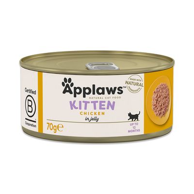 Konzerva Applaws Kitten Chicken in jelly, 70 g. Certified B Corporation. Made with natural ingredients. Za mačje mladiče do 12 mesecev. Prikaz hrane v želeju na embalaži.