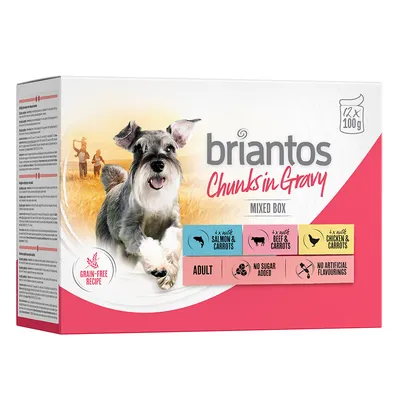Briantos Chunks in Gravy Mixed Box, 12x100g. Gusti: salmone e carote, manzo e carote, pollo e carote. Senza cereali, senza zuccheri aggiunti, senza aromi artificiali. Per cani adulti.