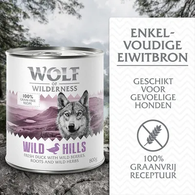 Wolf of Wilderness Wild Hills natvoer eend, 800g. 100% graanvrij recept, enkelvoudige eiwitbron, geschikt voor gevoelige honden. Fresh duck with wild berries, roots and wild herbs.