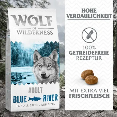 Wolf of Wilderness Adult Blue River. Hohe Verdaulichkeit, 100% getreidefreie Rezeptur, mit extra viel Frischfleisch. Für alle Rassen und Grössen. Wolf of Wilderness Adult Blue River. Hohe Verdaulichkeit, 100% getreidefreie Rezeptur, mit extra viel Frischfleisch. Für alle Rassen und Grössen.