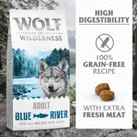 Wolf of Wilderness Blue River adult food for all breeds and sizes. High digestibility, 100% grain-free recipe with extra fresh meat.