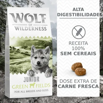 Wolf of Wilderness Junior Green Fields para todas as raças e tamanhos. Alta digestibilidade, receita 100% sem cereais, dose extra de carne fresca.