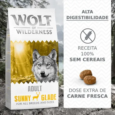 Wolf of Wilderness Adult Sunny Glade. Alta digestibilidade, receita 100% sem cereais, dose extra de carne fresca. Para todas as raças e tamanhos.
