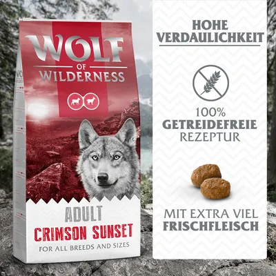 Wolf of Wilderness Adult Crimson Sunset, hohe Verdaulichkeit, 100% getreidefreie Rezeptur, mit extra viel Frischfleisch. Für alle Rassen und Grössen.
