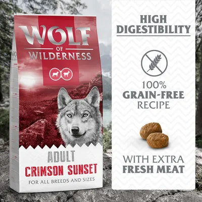 Wolf of Wilderness Adult Crimson Sunset, pre všetky plemená a veľkosti. High digestibility, 100% grain-free recipe, with extra fresh meat. Balenie krmiva a granule na obrázku.