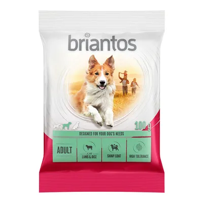 Briantos Adult 100 g, jahňacie a ryža, lesklá srsť, vysoká znášanlivosť. Text: Designed for your dog's needs, Lamb & Rice, Shiny Coat, High Tolerance.