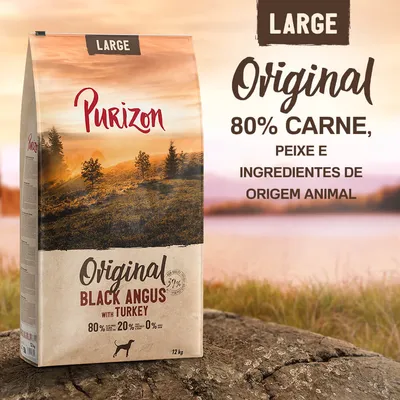 Purizon Original Black Angus with Turkey, 12 kg. Large. 80% carne, peixe e ingredientes de origem animal. 20% vegetais, 0% cereais. Imagem do produto com paisagem ao fundo.