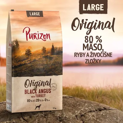 Purizon Original Black Angus with Turkey, 12 kg. Large. 80 % mäso, ryby a živočíšne zložky, 20 % zelenina, 0 % obilniny. Text: Original Black Angus with Turkey, 80 % mäso.