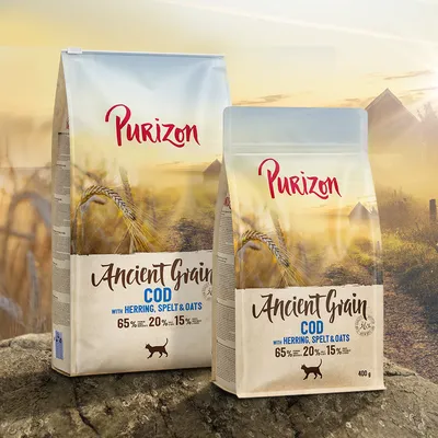 Συσκευασίες Purizon Ancient Grain Cod με Herring, Spelt & Oats. 65% ζωικά συστατικά, 20% αρχαία δημητριακά, 15% φρούτα & λαχανικά. Ορατό βάρος: 400g.