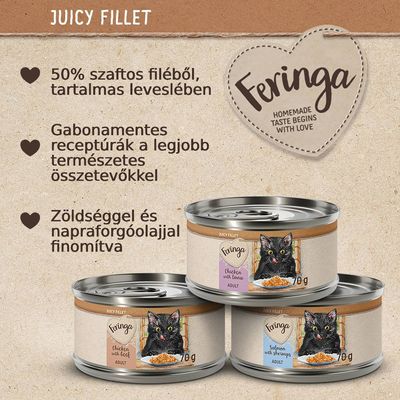 Feringa Juicy Fillet macskaeledel 70 g-os konzerv, háromféle változatban. Szöveg: 50% szaftos filéből, gabonamentes, zöldséggel és napraforgóolajjal finomítva.