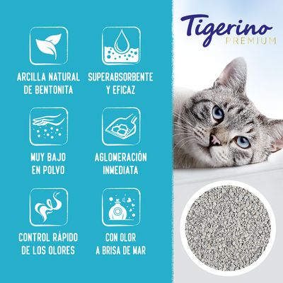 Tigerino Premium. Arcilla natural de bentonita, superabsorbente y eficaz, muy bajo en polvo, aglomeración inmediata, control rápido de los olores, con olor a brisa de mar.