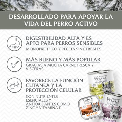 Desarrollado para apoyar la vida del perro activo. Digestibilidad alta, apto para perros sensibles, más carne fresca y vísceras, favorece función cutánea. Wolf of Wilderness visible en envases.