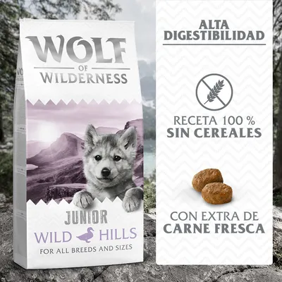 Pienso Wolf of Wilderness Junior Wild Hills. Alta digestibilidad, receta 100 % sin cereales, con extra de carne fresca. Para todas las razas y tamaños.