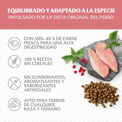 Equilibrado y adaptado a la especie. Con mín. 40 % de carne fresca, 100 % receta sin cereales, sin conservantes ni saborizantes artificiales, apto para perros de cualquier raza y tamaño.