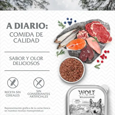 A diario: comida de calidad. Sabor y olor deliciosos. Receta sin cereales, sin conservantes artificiales. Wolf of Wilderness. Imagen de carne, pescado, frutas y lata de comida.