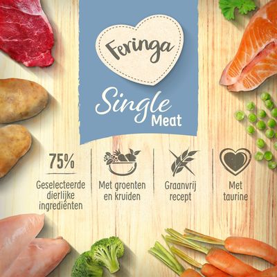 Feringa Single Meat. 75% geselecteerde dierlijke ingrediënten, met groenten en kruiden, graanvrij recept, met taurine. Afbeeldingen van vlees, vis, aardappel, broccoli, wortel, erwten.