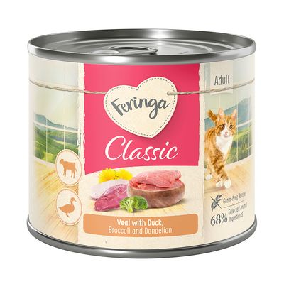 Boîte Feringa Classic pour chat adulte, texte visible : Veal with Duck, Broccoli and Dandelion, recette sans céréales, 68 % ingrédients animaux sélectionnés.
