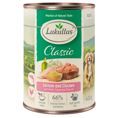 Blik Lukullus Classic Adult, 400g. Zalm en kip met gierst, tijm en olijfolie. 66% geselecteerde dierlijke ingrediënten, geselecteerde kruiden, hoogwaardige oliën. Masters of Natural Taste.
