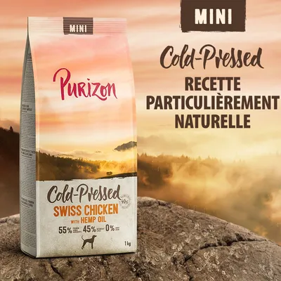 Purizon MINI Cold-Pressed Swiss Chicken with Hemp Oil, 1 kg. 55 % poulet, 45 % ingrédients végétaux, 0 % céréales. Recette particulièrement naturelle. Purizon MINI Cold-Pressed Swiss Chicken with Hemp Oil, 1 kg. 55 % poulet, 45 % ingrédients végétaux, 0 % céréales. Recette particulièrement naturelle.