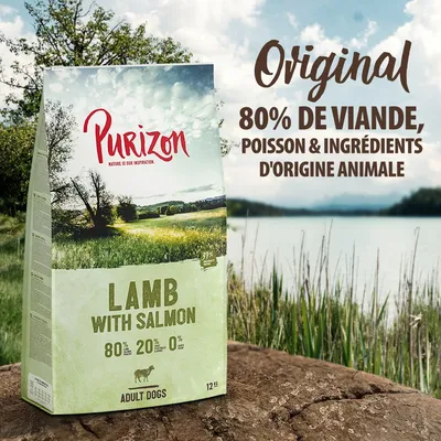 Purizon Lamb with Salmon pour chiens adultes, 12 kg. Original, 80 % de viande, poisson et ingrédients d'origine animale. 80 % animal, 20 % végétal, 0 % céréales.