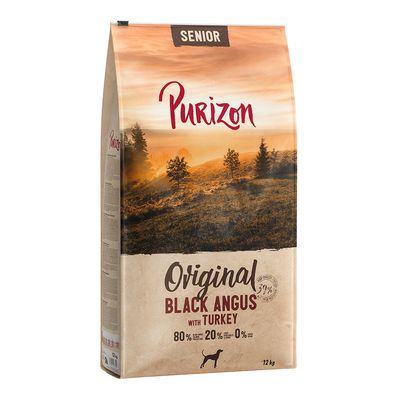 Purizon Senior Original Black Angus with Turkey, 80 % животински протеини, 20 % плодове и зеленчуци, 0 % зърно, 12 кг. Изображение на опаковката.
