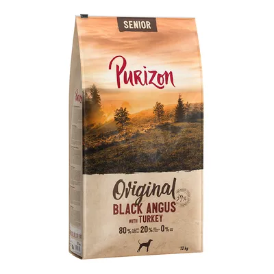 Purizon Senior Original Black Angus with Turkey, 80 % животински протеини, 20 % плодове и зеленчуци, 0 % зърно, 12 кг. Изображение на опаковката.