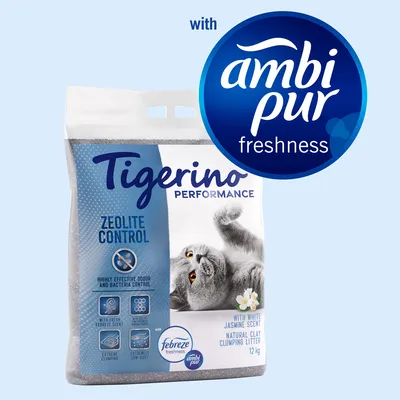 Tigerino Performance Zeolite Control, żwirek zbrylający z naturalnej gliny, zapach jaśminu, 12 kg. Z napisem: with ambi pur freshness, Febreze freshness.